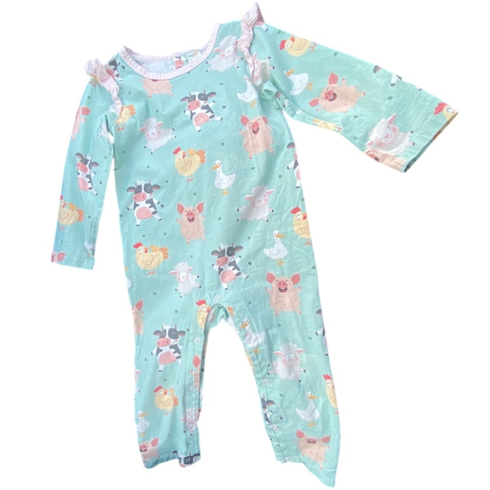Peppy mini long sleeve onesie with farm animals and baby pink ruffle shoulders